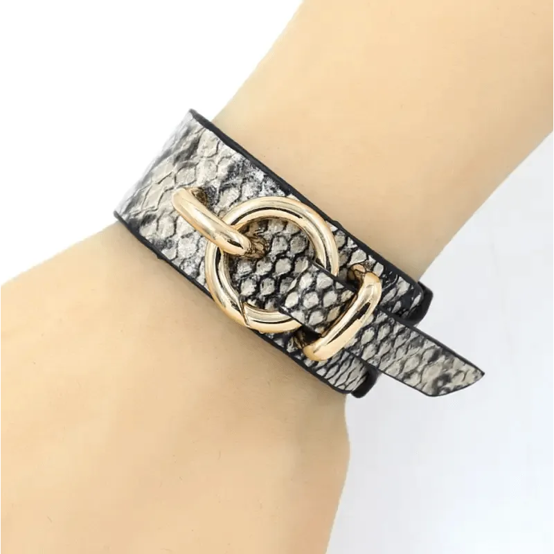 Snake Pattern Leather Wrap Bracelet with Adjustable Design - Eco-Friendly Alloy
