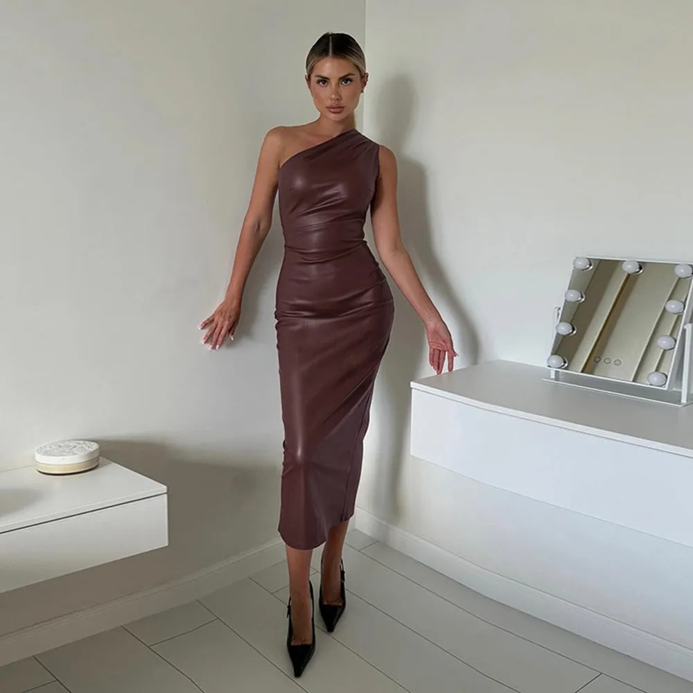 Sophisticated Edge One-Shoulder Faux Leather Bodycon Dress