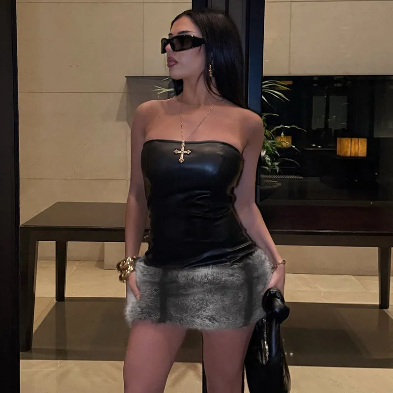 Strapless PU Leather and Faux Fur Mini Bodycon Dress