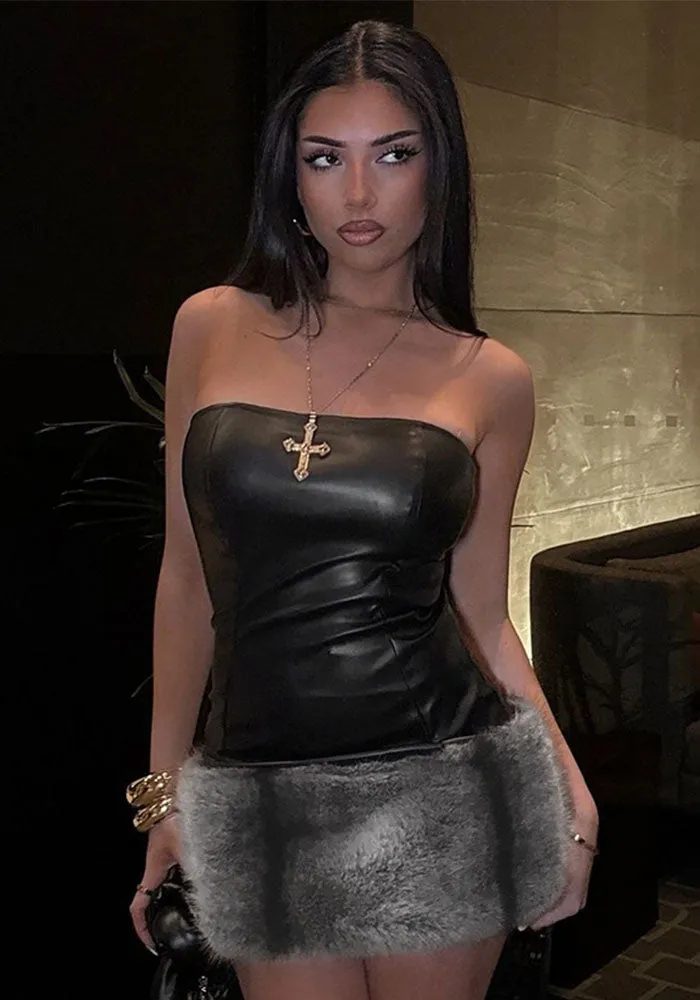 Strapless PU Leather and Faux Fur Mini Bodycon Dress