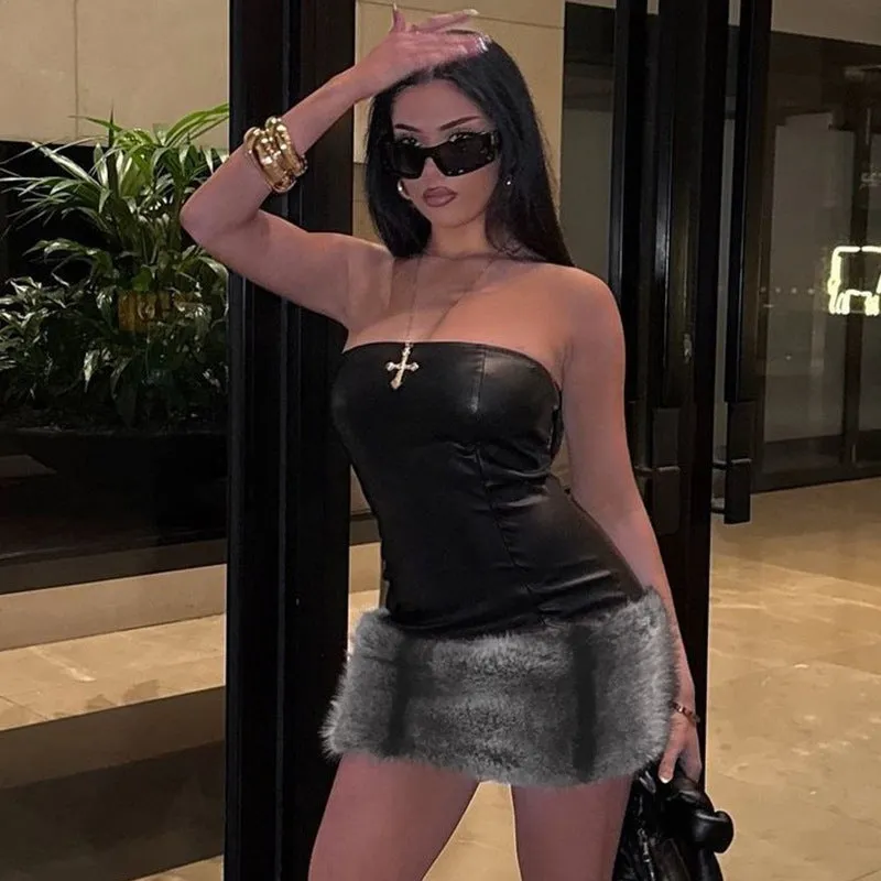 Strapless PU Leather and Faux Fur Mini Bodycon Dress