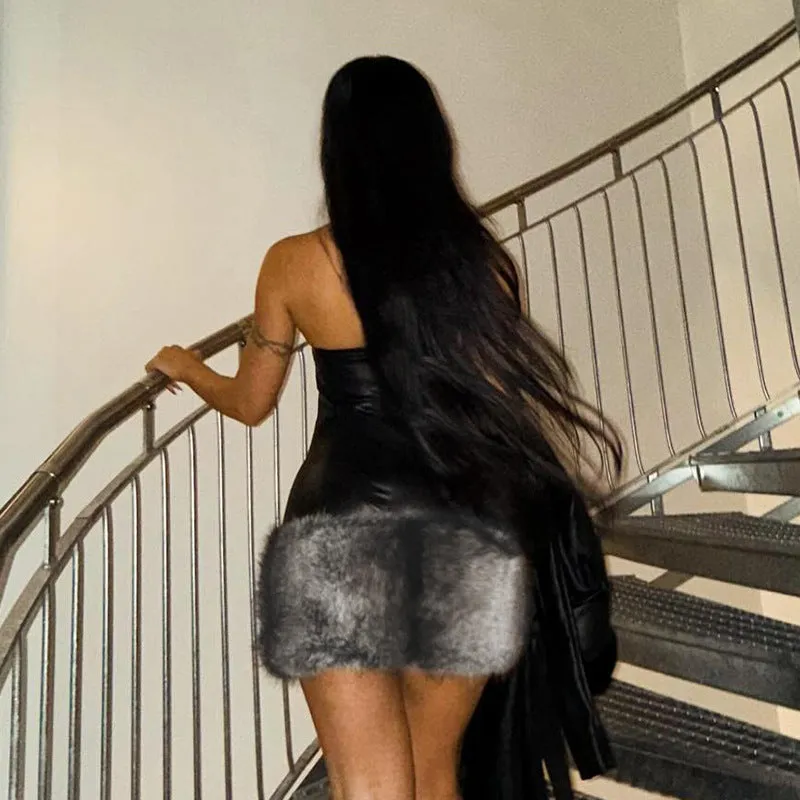 Strapless PU Leather and Faux Fur Mini Bodycon Dress