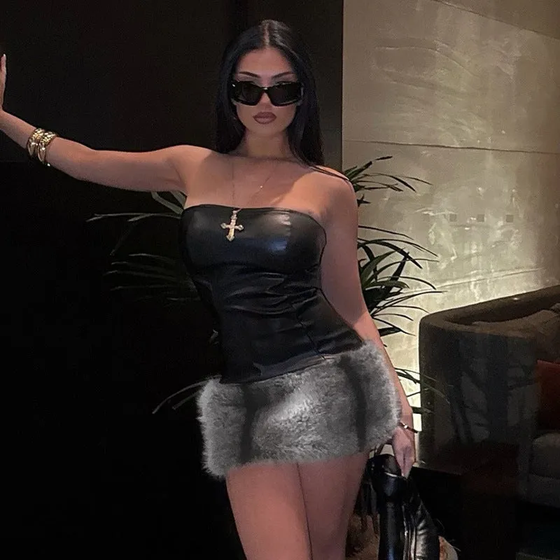 Strapless PU Leather and Faux Fur Mini Bodycon Dress