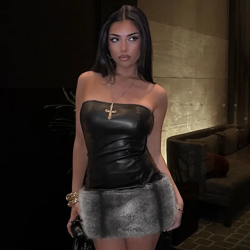 Strapless PU Leather and Faux Fur Mini Bodycon Dress