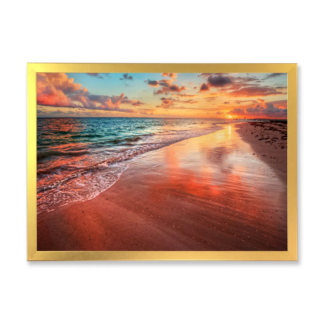 Sunset over an Ocean Beach Shore II - Photograph on Canvas East Urban Home Size: 12" H x 20" W x 1" D Format: Gold Closed Corner Framed