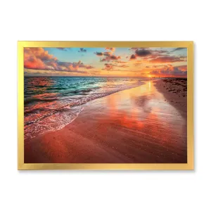 Sunset over an Ocean Beach Shore II - Photograph on Canvas East Urban Home Size: 12" H x 20" W x 1" D Format: Gold Closed Corner Framed