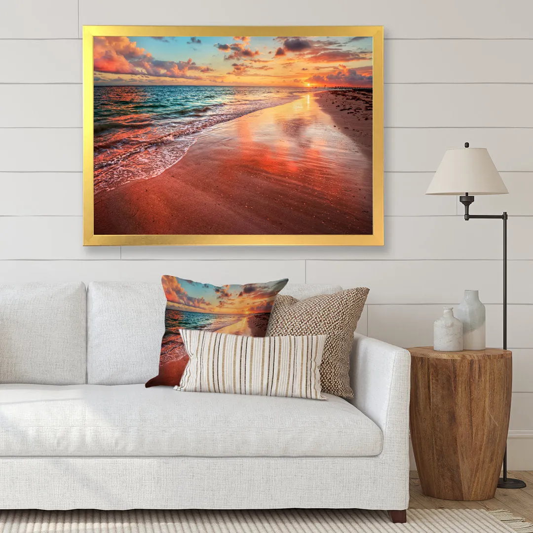 Sunset over an Ocean Beach Shore II - Photograph on Canvas East Urban Home Size: 12" H x 20" W x 1" D Format: Gold Closed Corner Framed