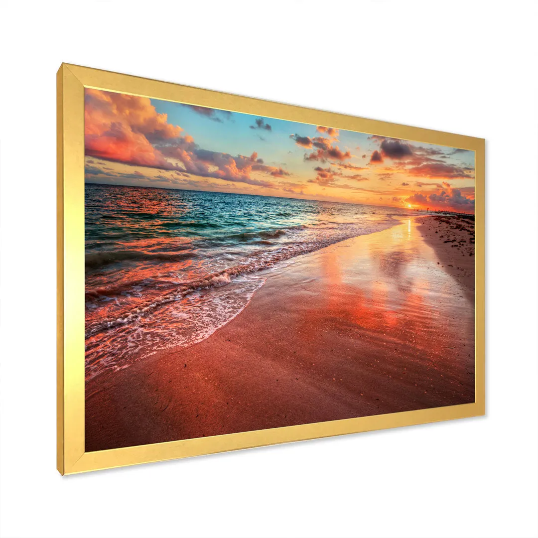 Sunset over an Ocean Beach Shore II - Photograph on Canvas East Urban Home Size: 12" H x 20" W x 1" D Format: Gold Closed Corner Framed