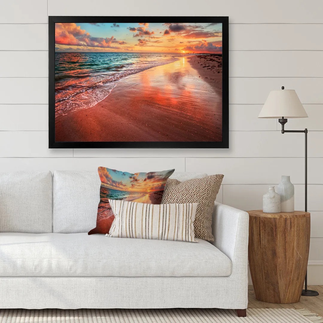 Sunset over an Ocean Beach Shore II - Photograph on Canvas East Urban Home Size: 16" H x 32" W x 1" D Format: Black Closed Corner Framed