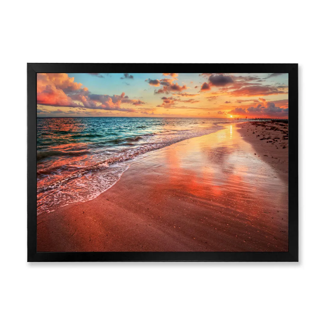Sunset over an Ocean Beach Shore II - Photograph on Canvas East Urban Home Size: 16" H x 32" W x 1" D Format: Black Closed Corner Framed