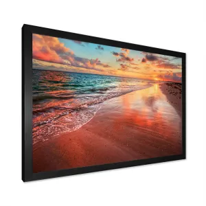 Sunset over an Ocean Beach Shore II - Photograph on Canvas East Urban Home Size: 16" H x 32" W x 1" D Format: Black Closed Corner Framed