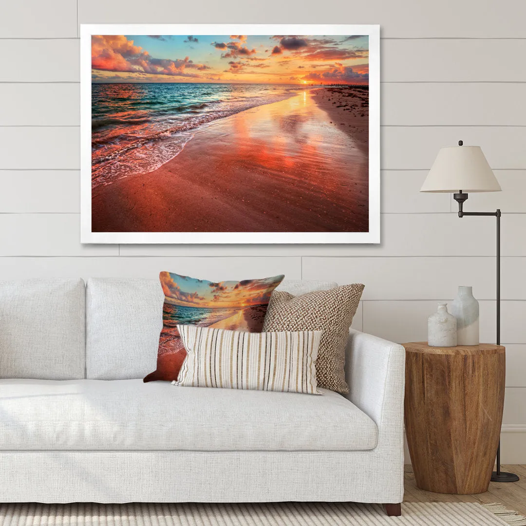 Sunset over an Ocean Beach Shore II - Photograph on Canvas East Urban Home Size: 30" H x 40" W x 1.5" D Format: White Closed Corner Framed
