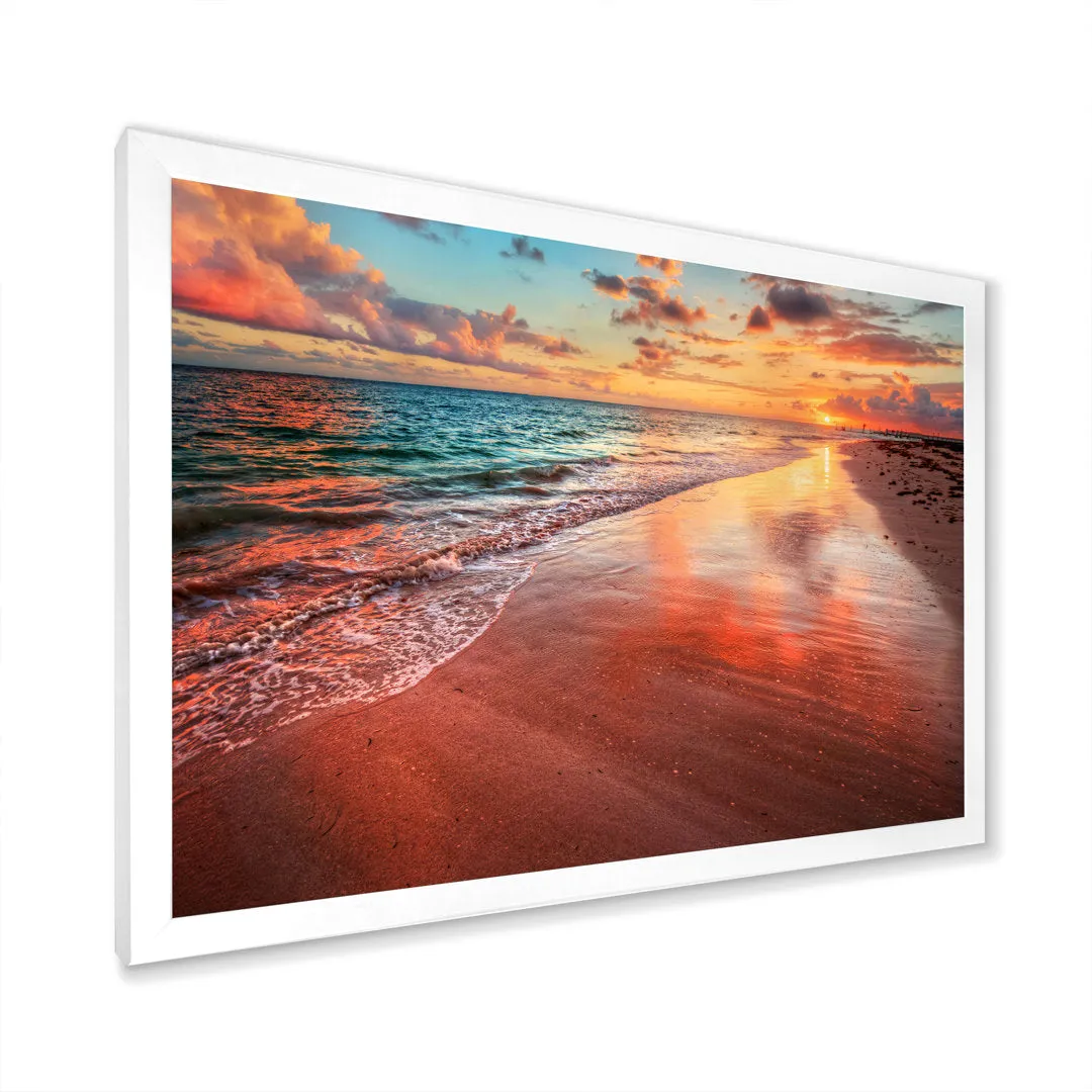 Sunset over an Ocean Beach Shore II - Photograph on Canvas East Urban Home Size: 30" H x 40" W x 1.5" D Format: White Closed Corner Framed