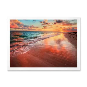 Sunset over an Ocean Beach Shore II - Photograph on Canvas East Urban Home Size: 30" H x 40" W x 1.5" D Format: White Closed Corner Framed