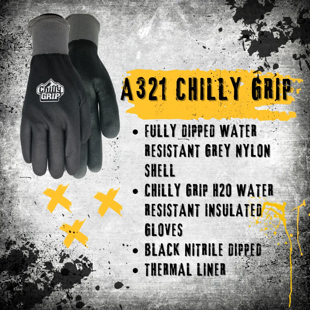 TA321 Chilly Grip H2O Waterproof Fully Dipped Nylon Shell Insulated Gloves, Sizes S-XXL, Sold by Pair