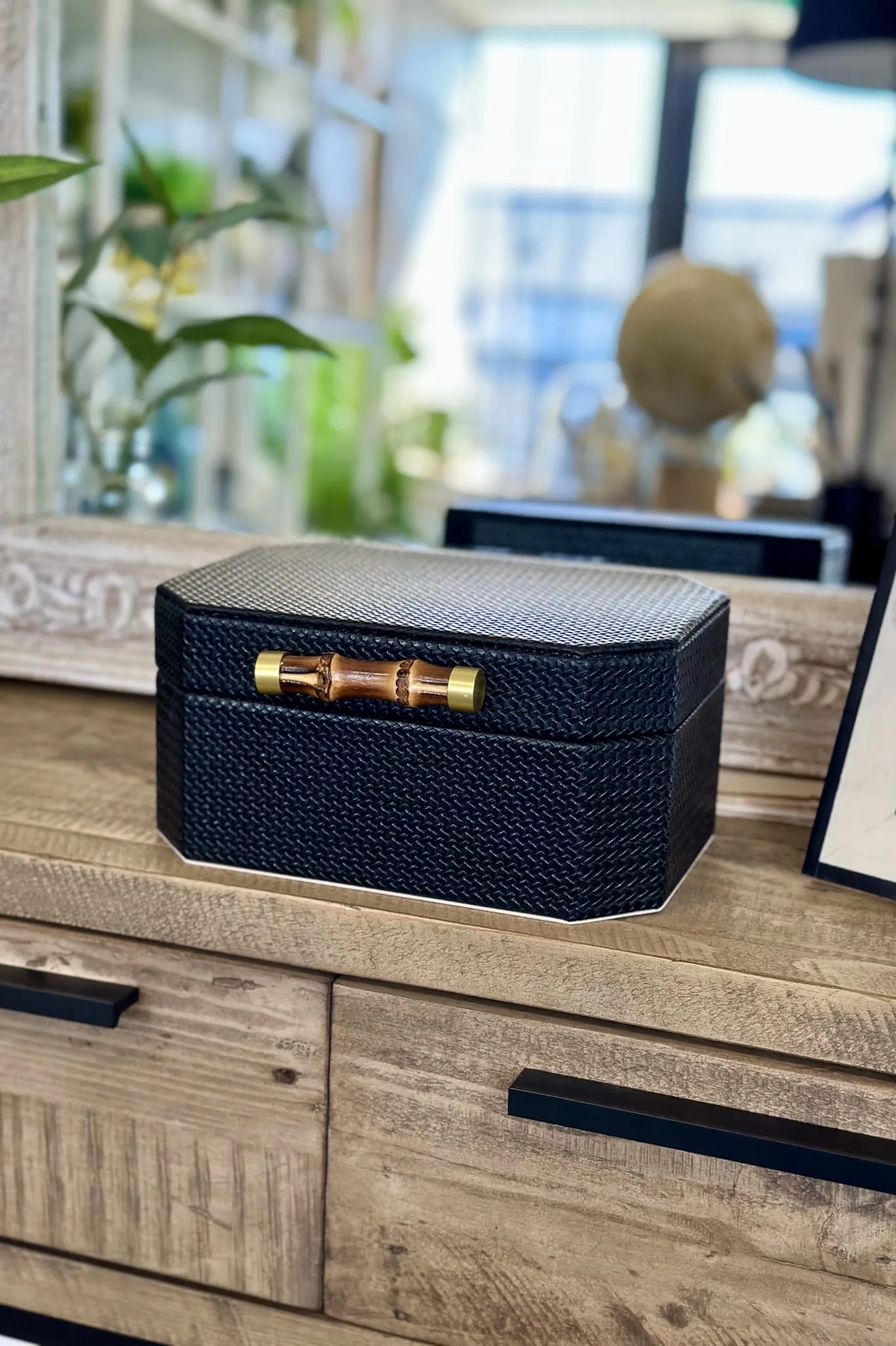 Tall Black Box with Bamboo Handle