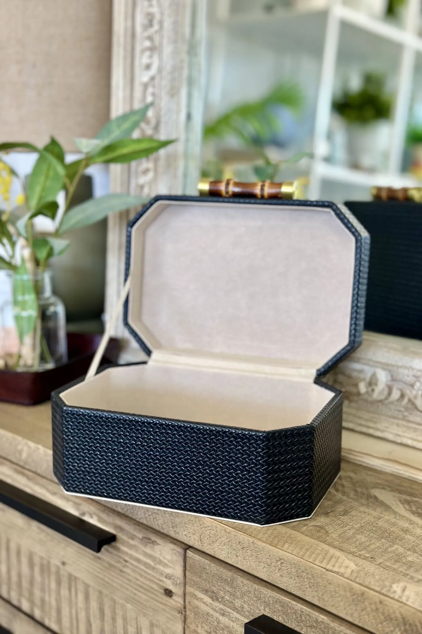 Tall Black Box with Bamboo Handle