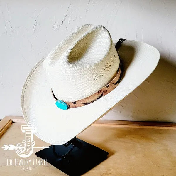 Tan Steer Embossed Leather Hatband only w/Turq
