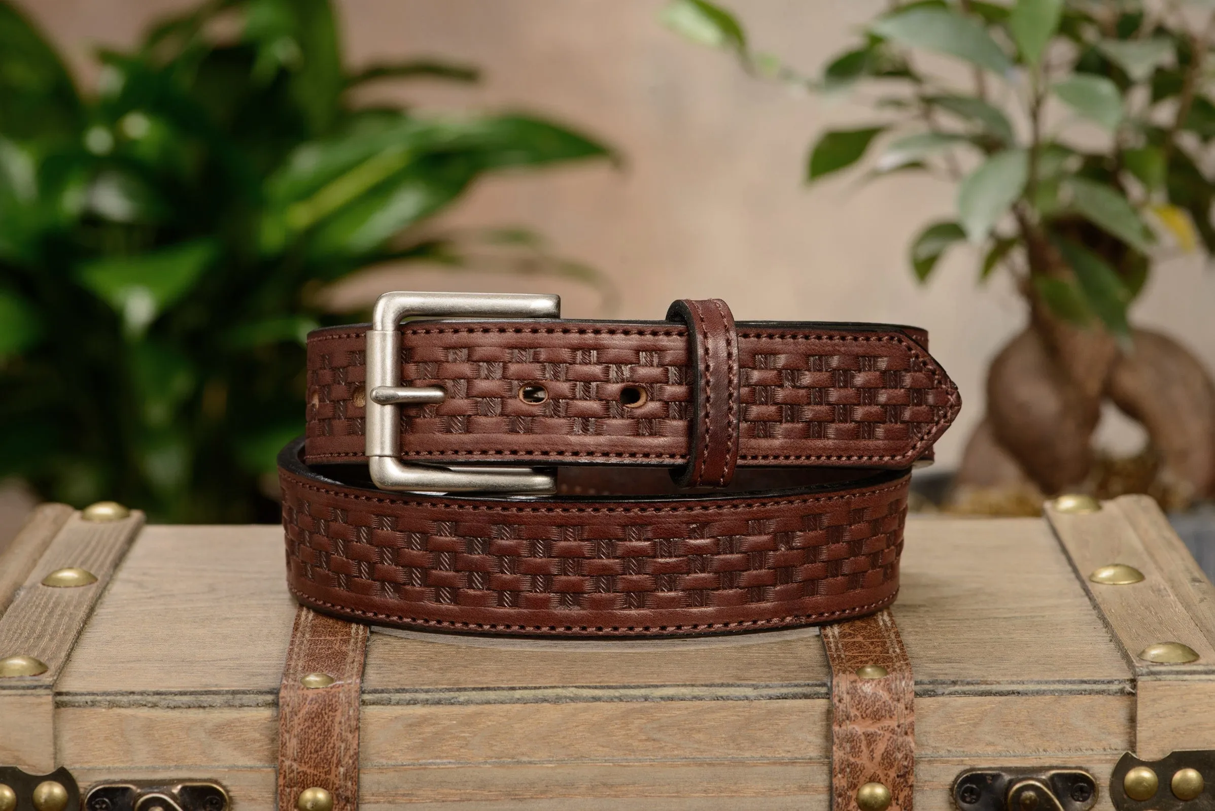 The Maverick: Brown Stitched Basket Weave 1.50"