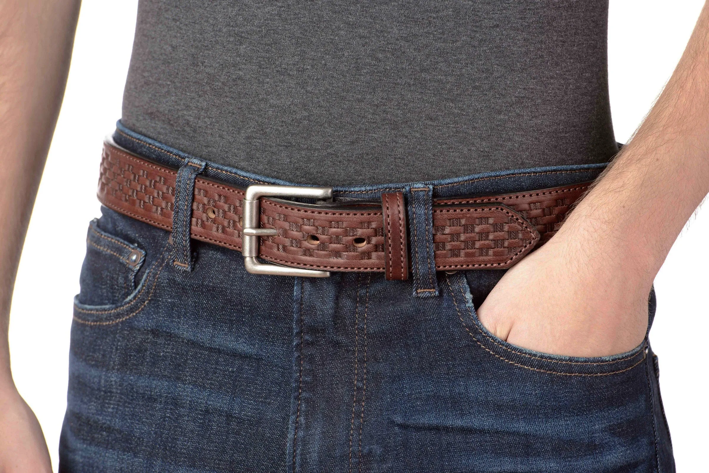 The Maverick: Brown Stitched Basket Weave 1.50"