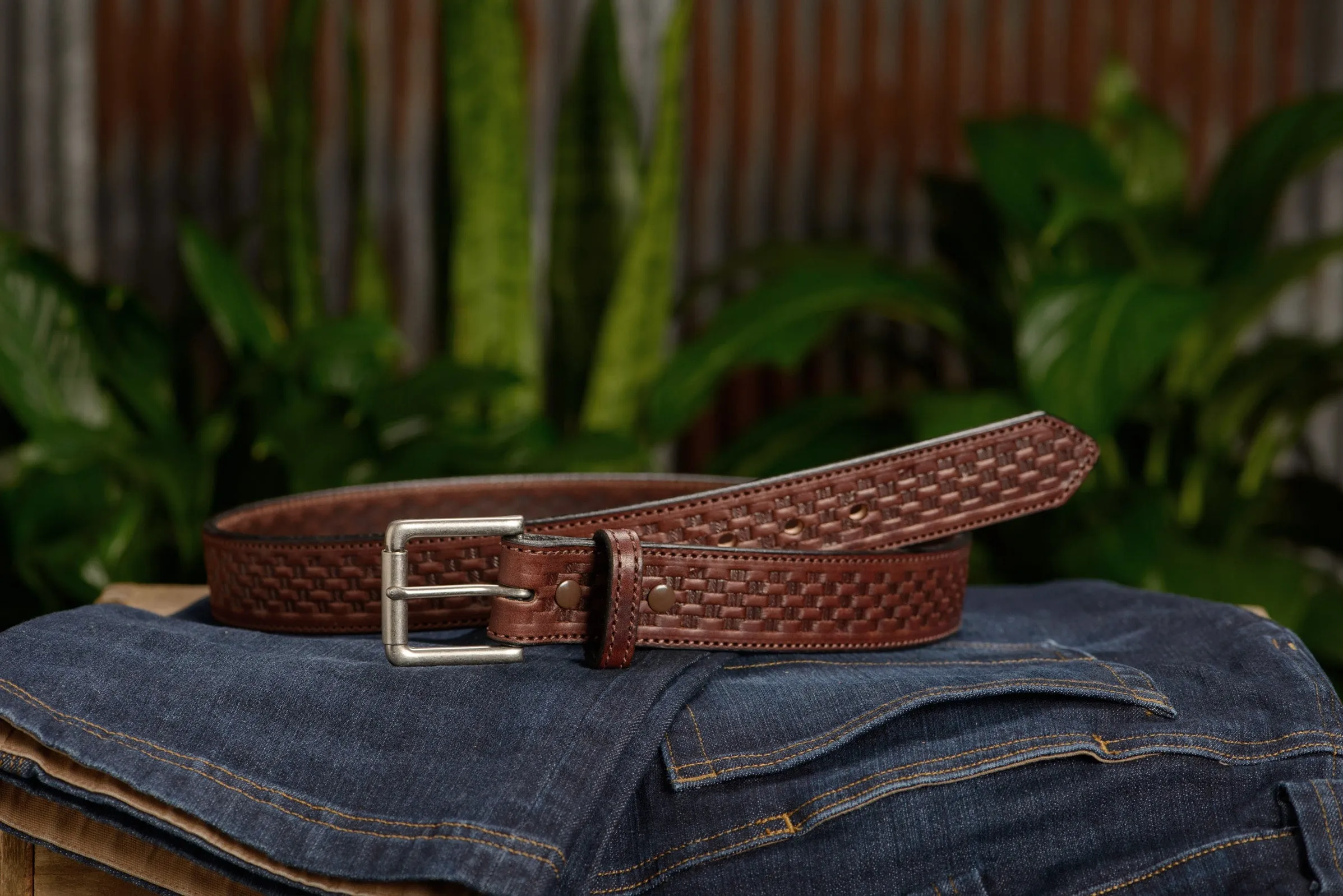 The Maverick: Brown Stitched Basket Weave 1.50"