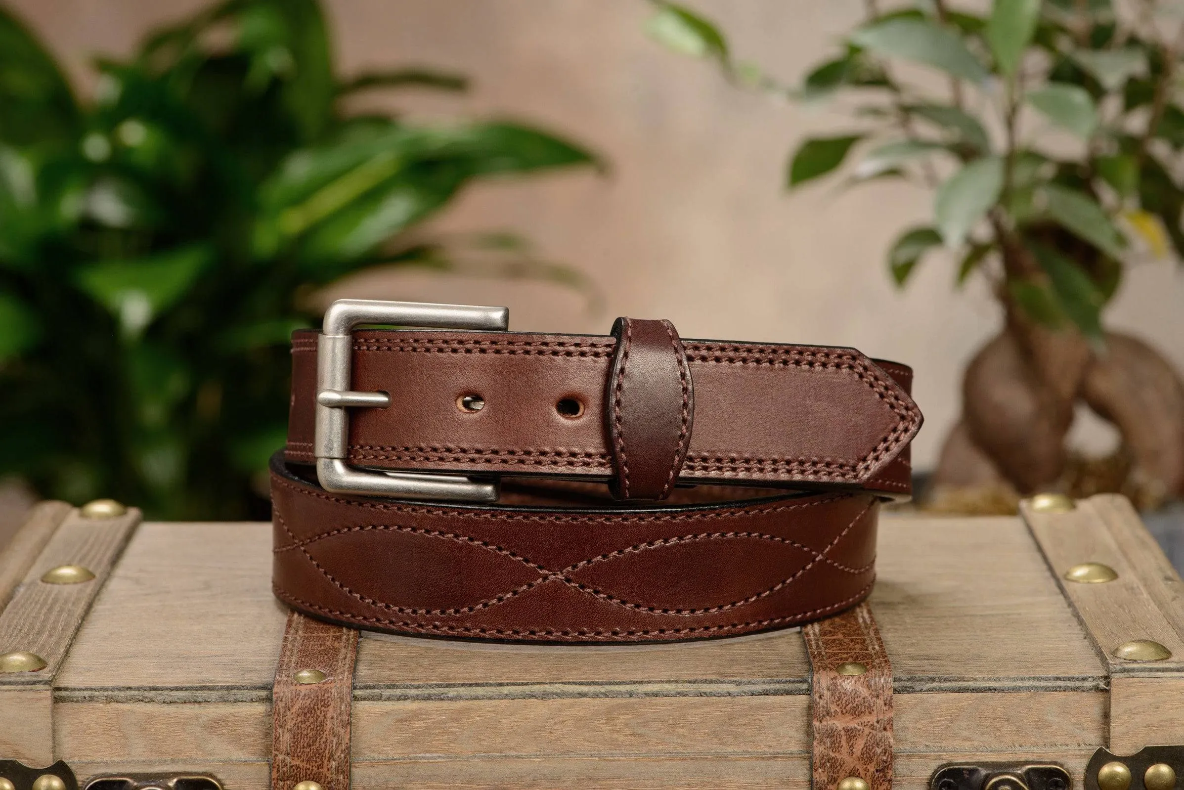 The Maverick: Men's Brown Figure 8 Stitched Leather Belt With Brown Thread 1.50"