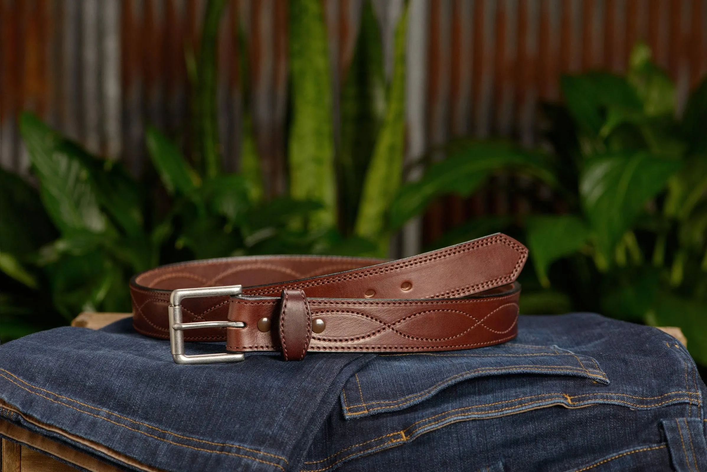 The Maverick: Men's Brown Figure 8 Stitched Leather Belt With Brown Thread 1.50"