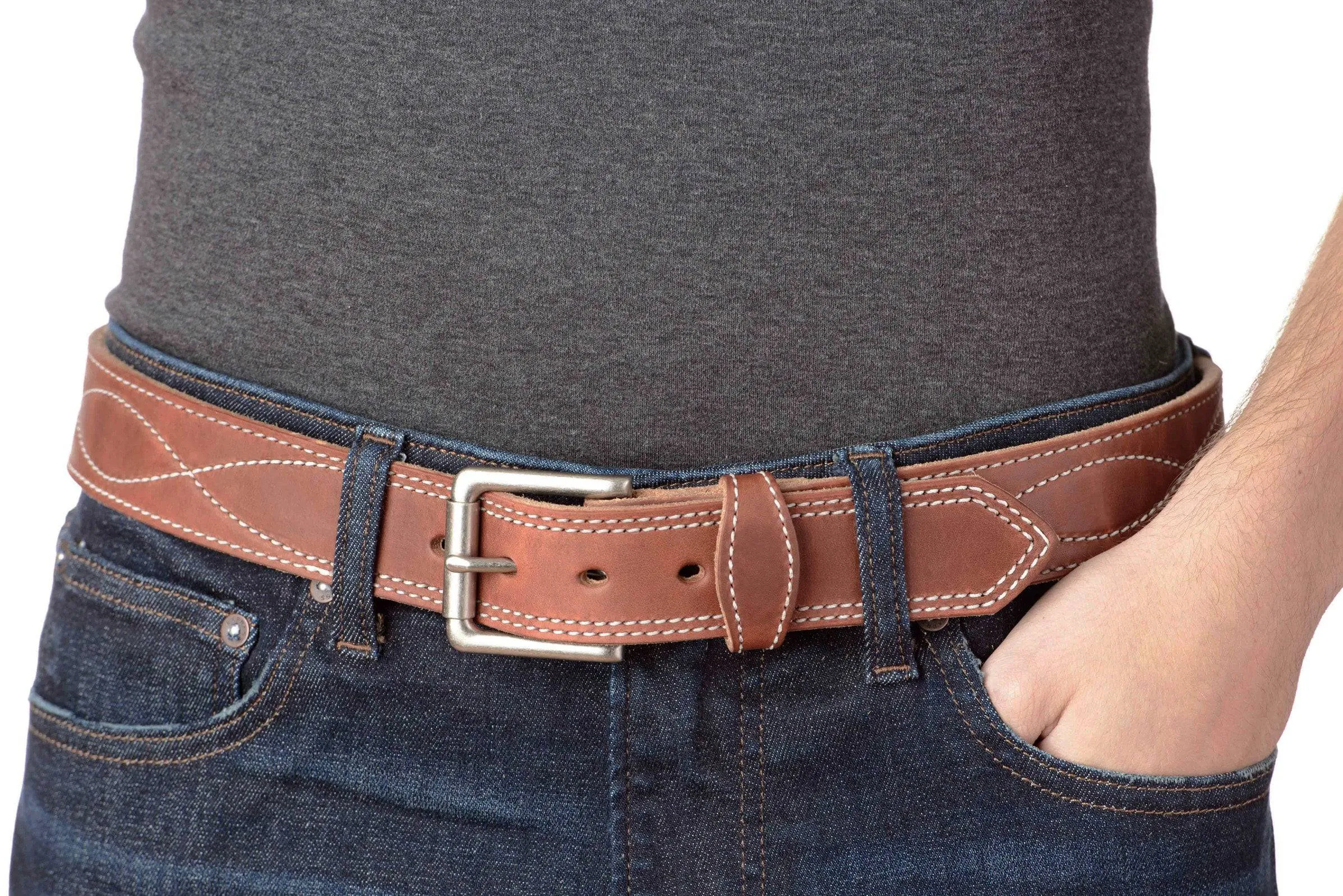 The Maverick: Men's Hot Dipped Tan Figure 8 Stitched Leather Belt With White Thread 1.50"