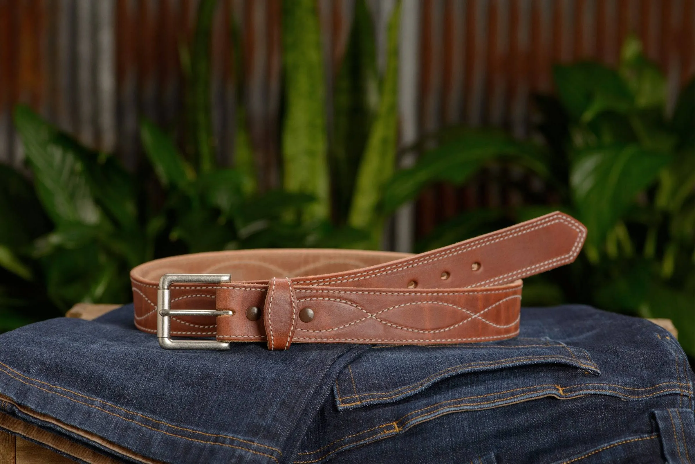 The Maverick: Men's Hot Dipped Tan Figure 8 Stitched Leather Belt With White Thread 1.50"
