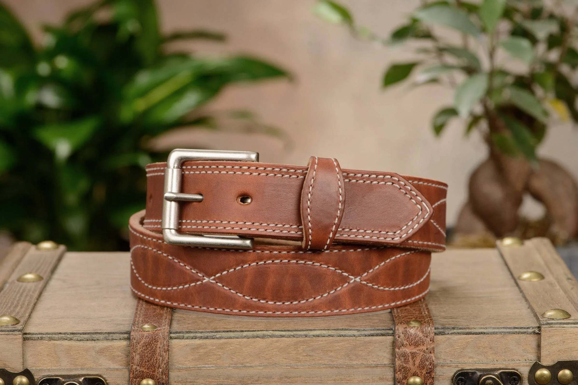 The Maverick: Men's Hot Dipped Tan Figure 8 Stitched Leather Belt With White Thread 1.50"