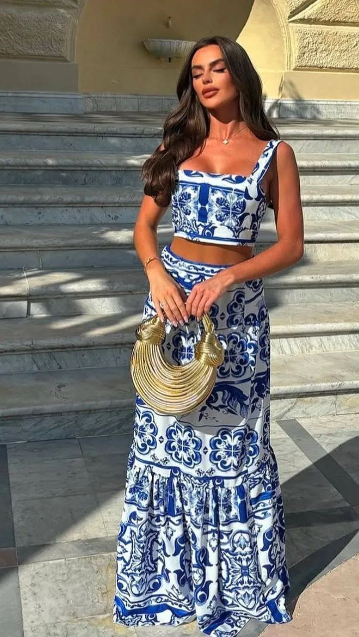 Totem Pattern Printed Bikini Swimsuit Set - Blue / S
