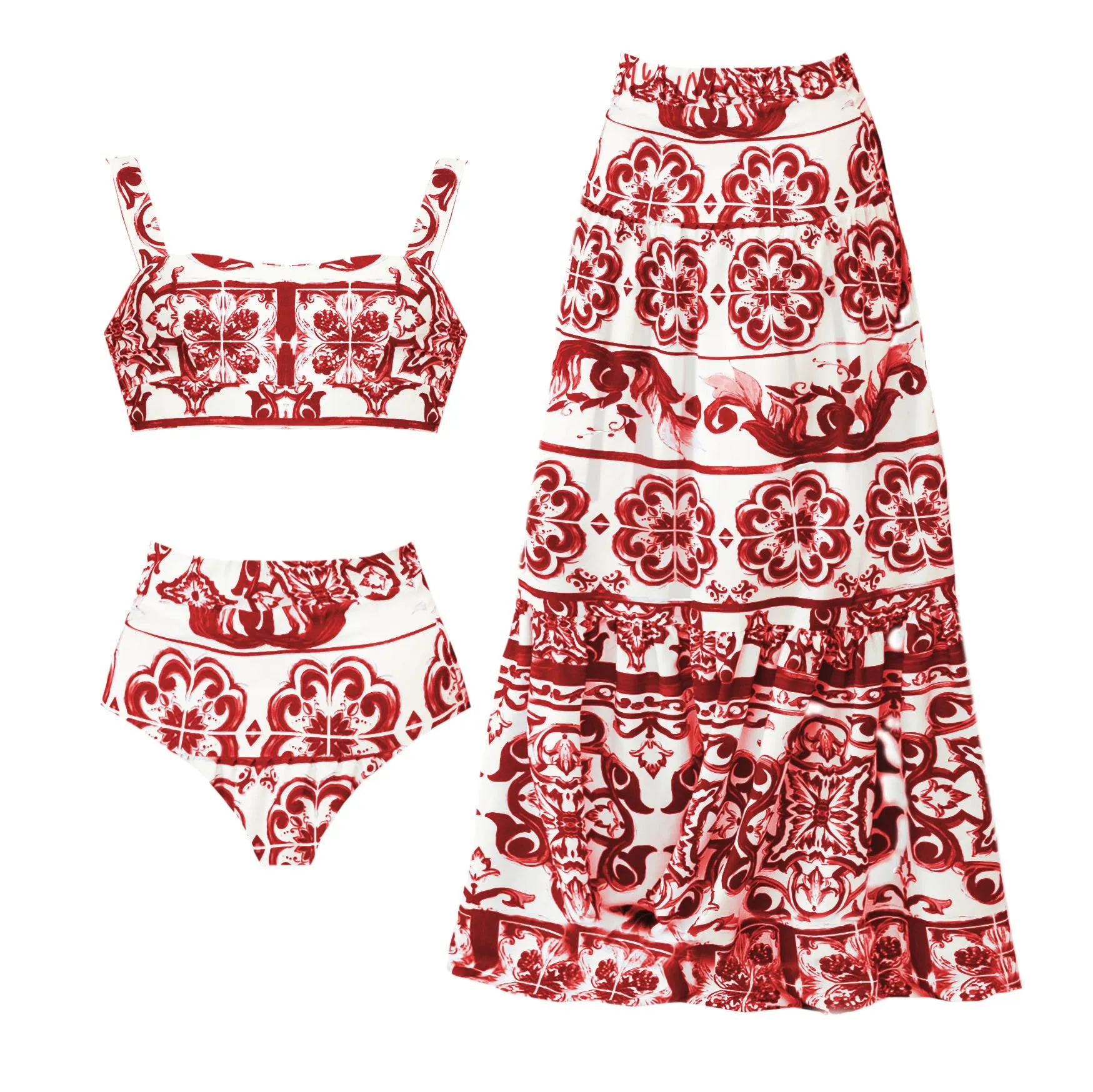 Totem Pattern Printed Bikini Swimsuit Set - Blue / S