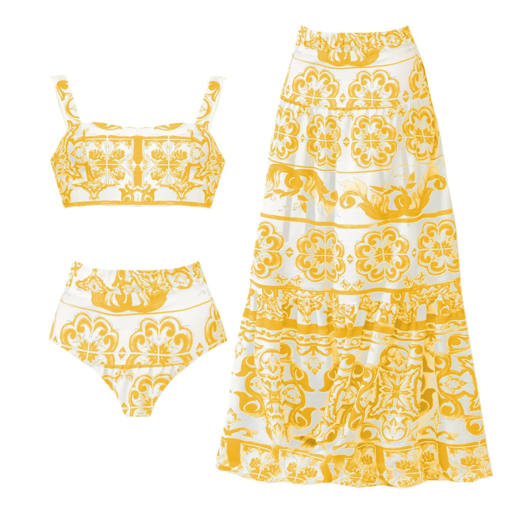 Totem Pattern Printed Bikini Swimsuit Set - Blue / S