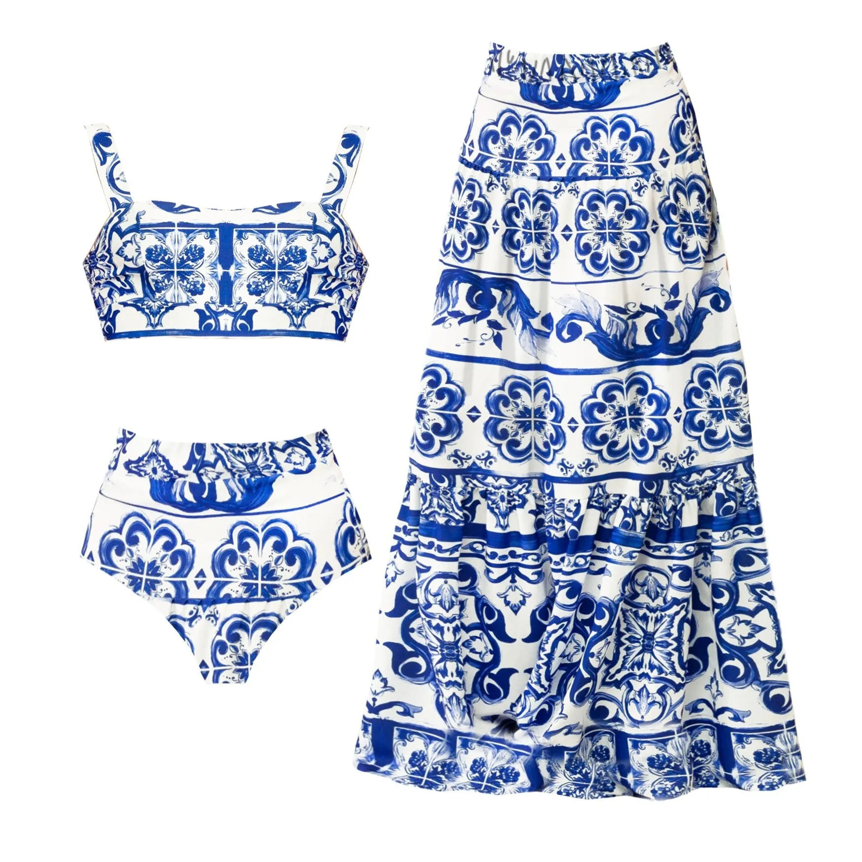 Totem Pattern Printed Bikini Swimsuit Set - Blue / S