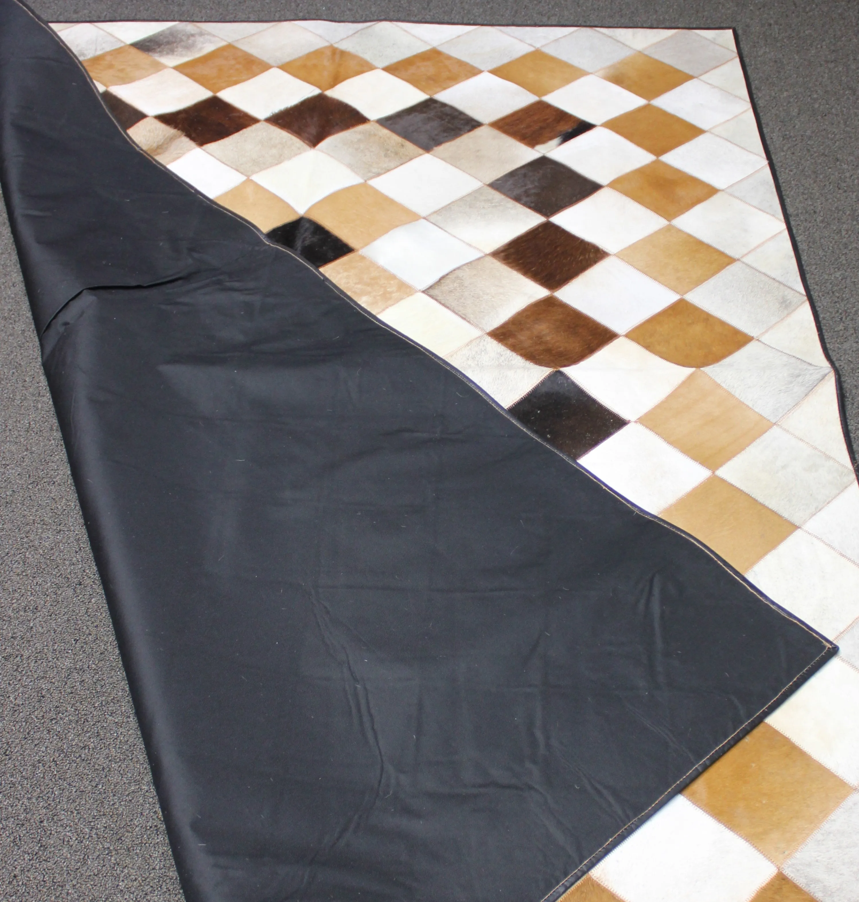 Tricolor Patchwork Cowhide Rug – 7.7ft x 5.6 ft Premium Cowhide Rug