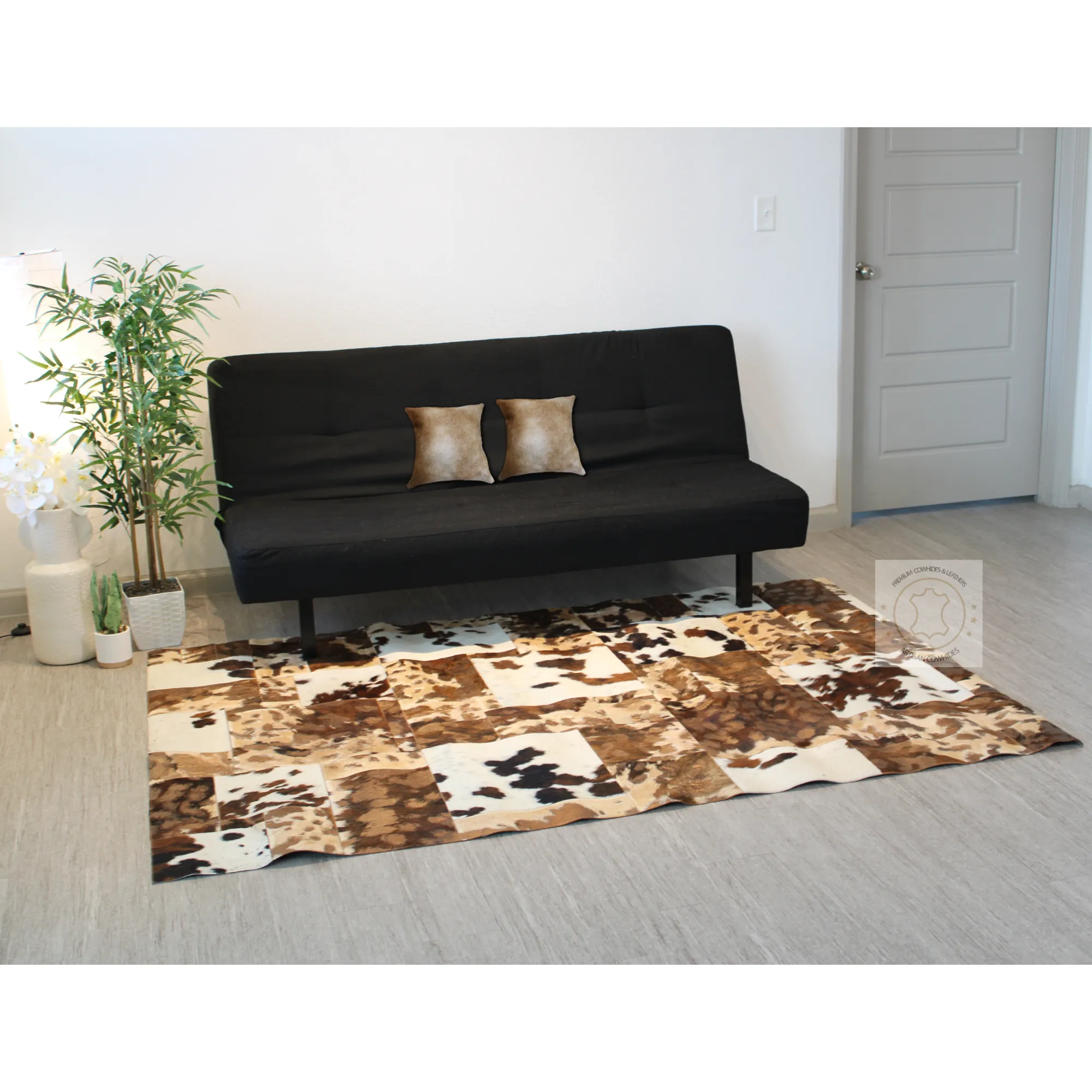 Tricolor Patchwork Cowhide Rug – 7.7ft x 5.6 ft Premium Cowhide Rug