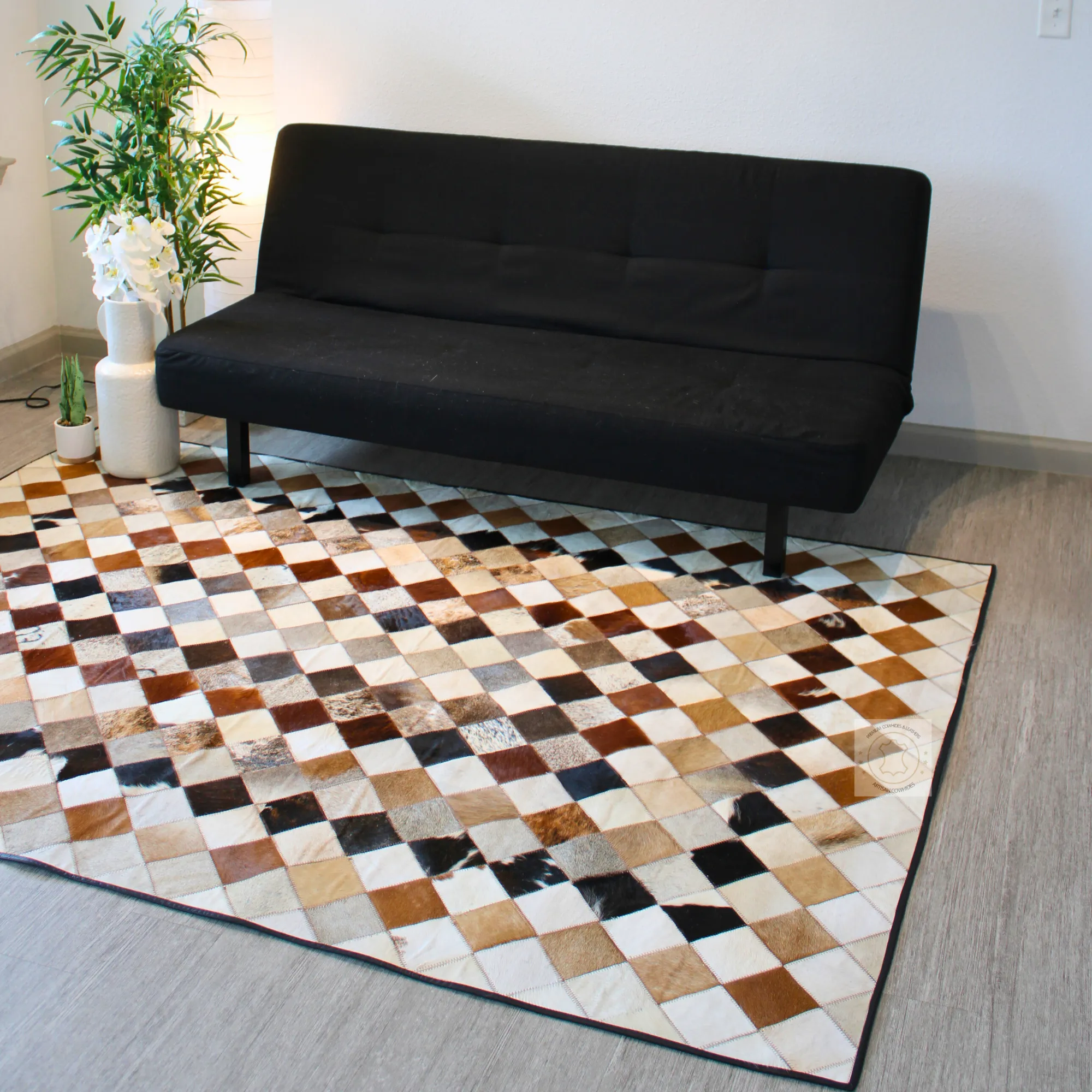 Tricolor Patchwork Cowhide Rug – 7.7ft x 5.6 ft Premium Cowhide Rug
