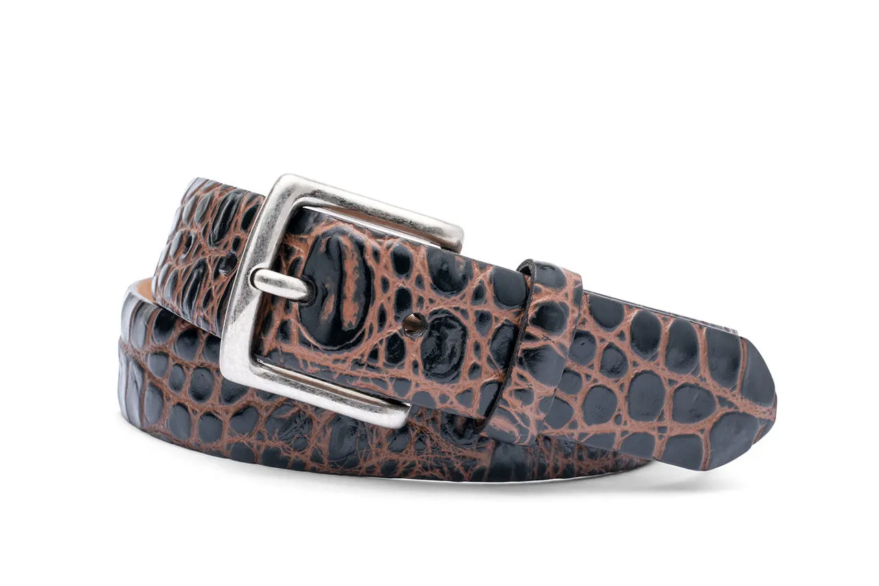 Two Tone Embossed Crocodile Belt - Black/Cocoa