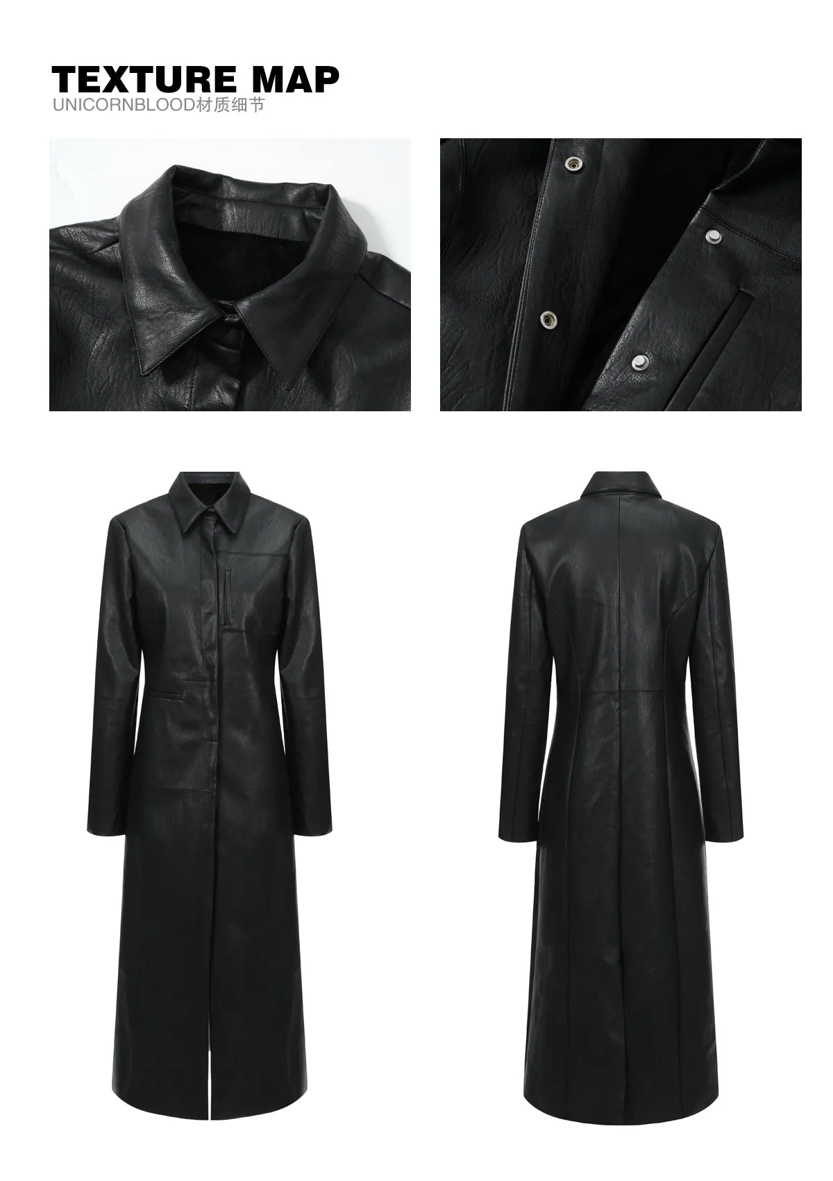 Unicorn Blood Solid Color Black Faux Leather Long Sleeve Button Up Long Coat