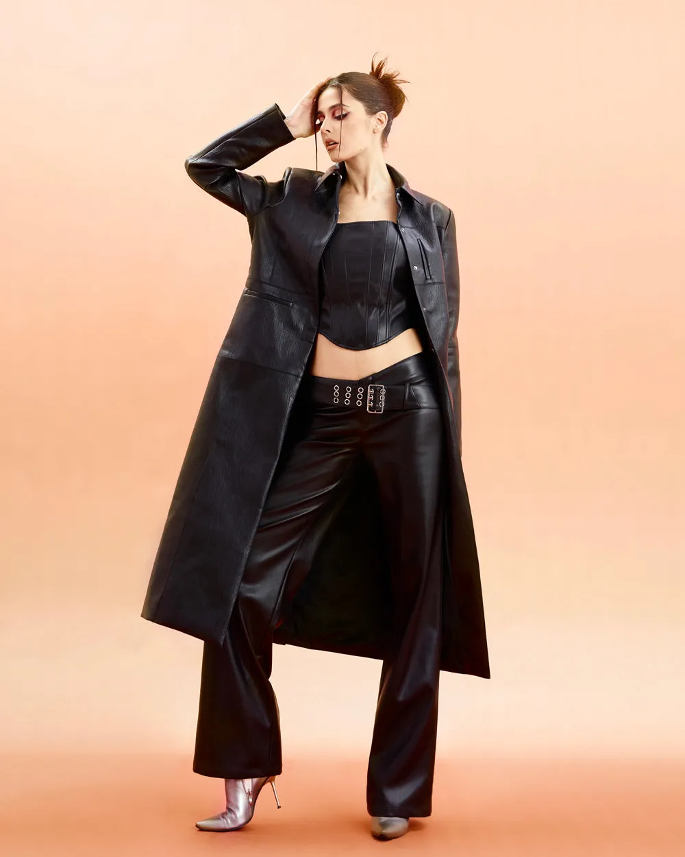 Unicorn Blood Solid Color Black Faux Leather Long Sleeve Button Up Long Coat