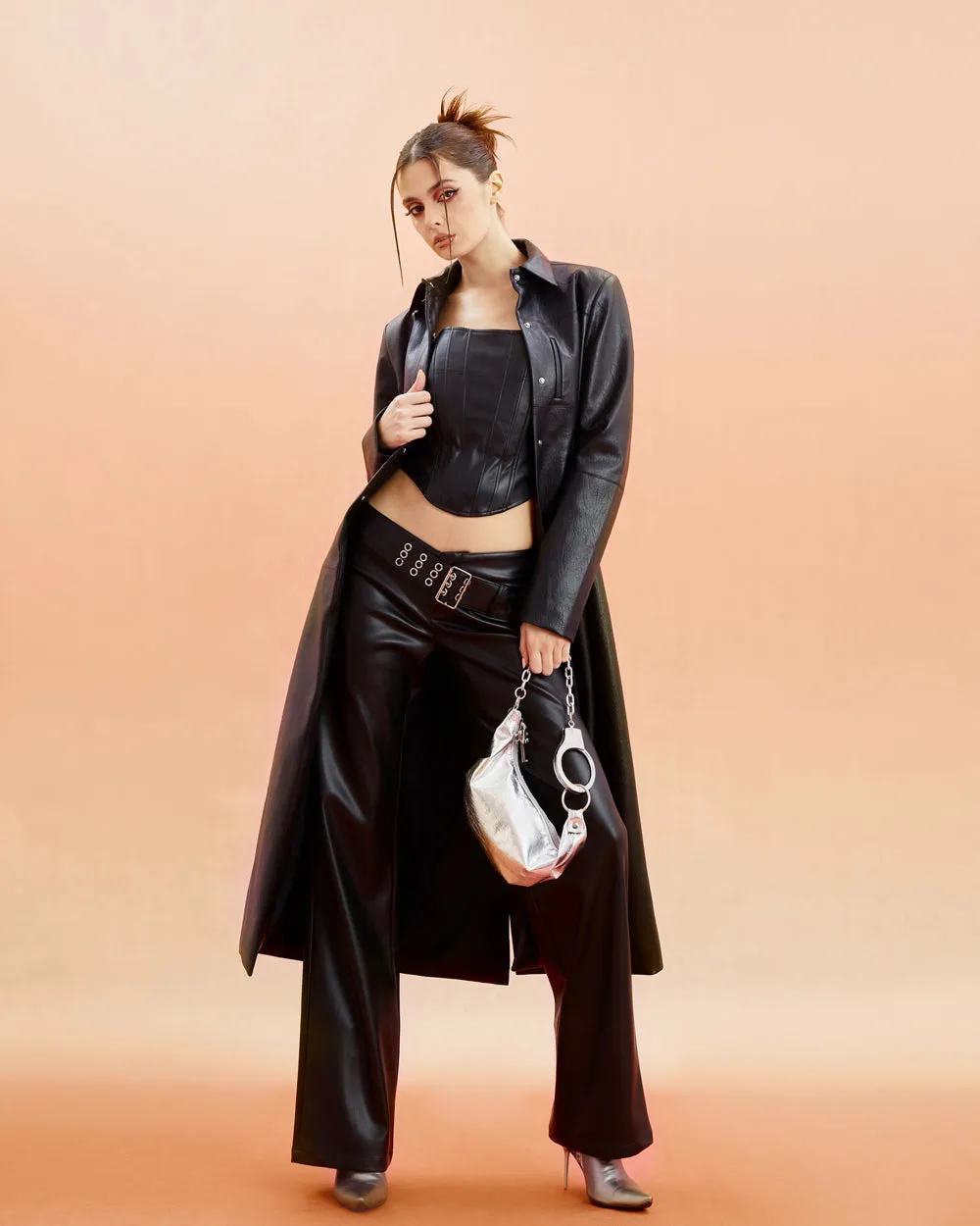 Unicorn Blood Solid Color Black Faux Leather Long Sleeve Button Up Long Coat