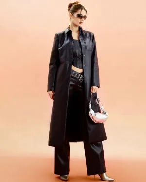 Unicorn Blood Solid Color Black Faux Leather Long Sleeve Button Up Long Coat