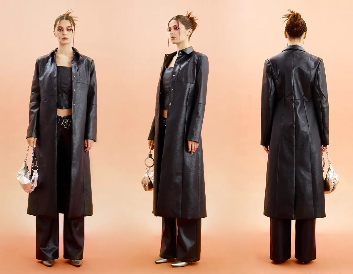 Unicorn Blood Solid Color Black Faux Leather Long Sleeve Button Up Long Coat