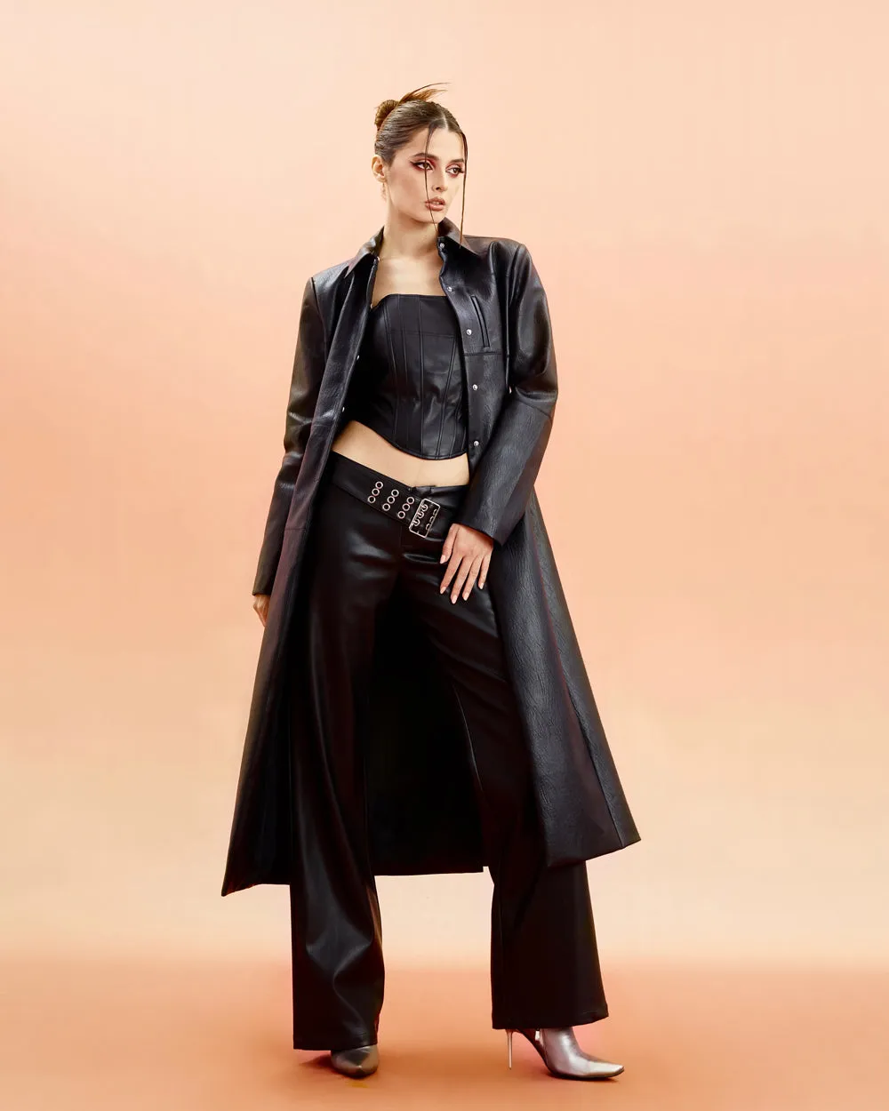Unicorn Blood Solid Color Black Faux Leather Long Sleeve Button Up Long Coat