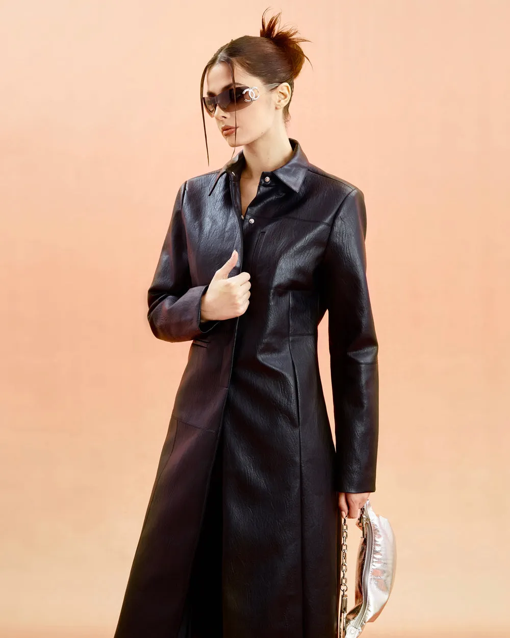 Unicorn Blood Solid Color Black Faux Leather Long Sleeve Button Up Long Coat