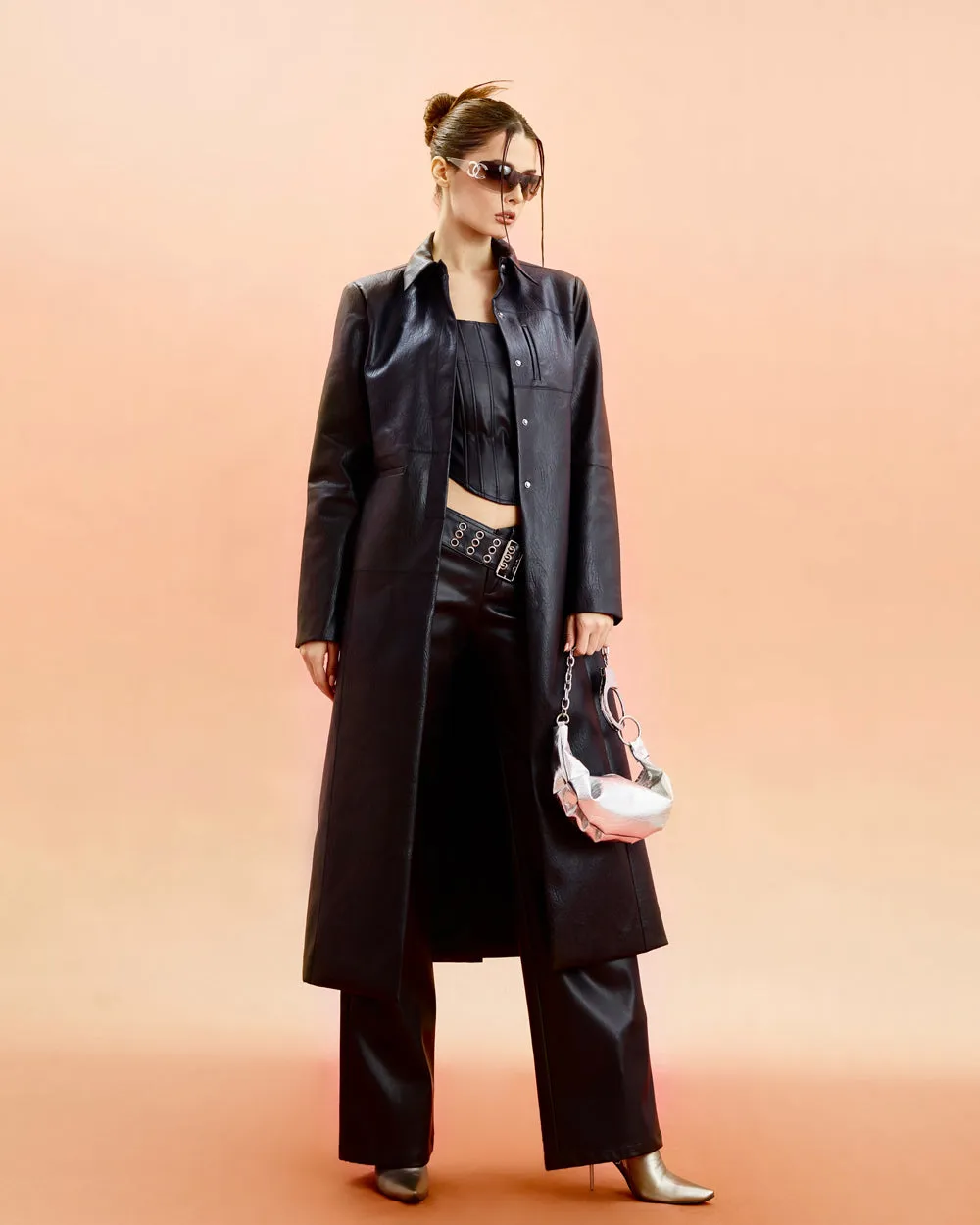 Unicorn Blood Solid Color Black Faux Leather Long Sleeve Button Up Long Coat