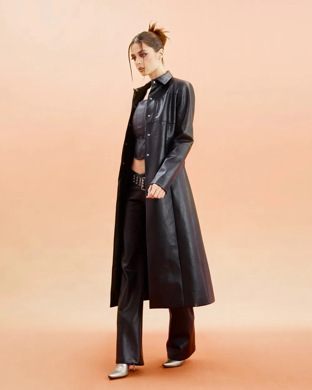 Unicorn Blood Solid Color Black Faux Leather Long Sleeve Button Up Long Coat