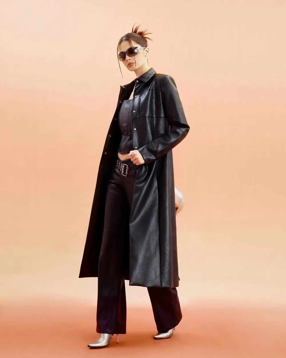 Unicorn Blood Solid Color Black Faux Leather Long Sleeve Button Up Long Coat