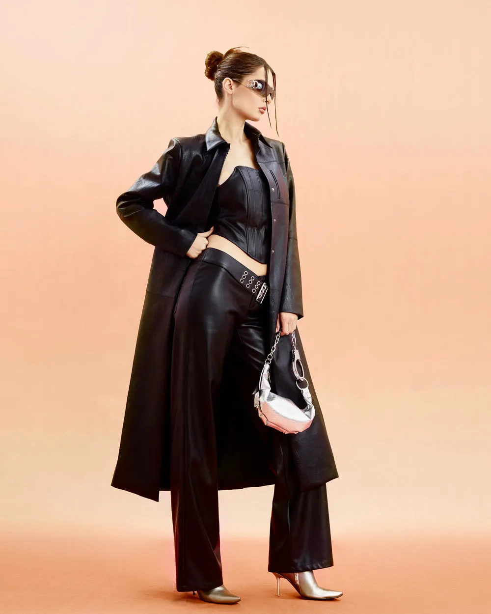 Unicorn Blood Solid Color Black Faux Leather Long Sleeve Button Up Long Coat