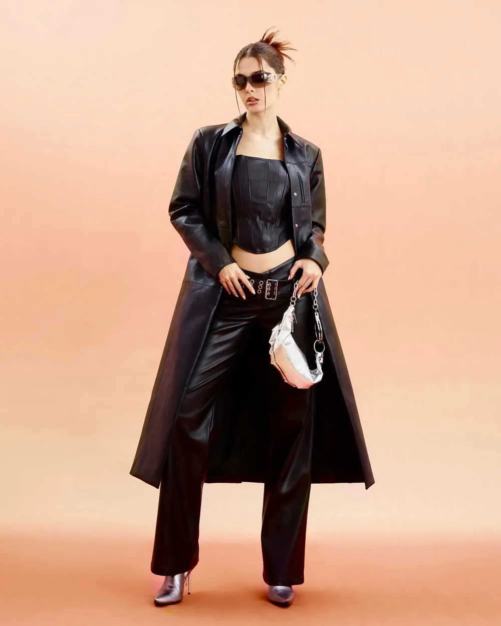 Unicorn Blood Solid Color Black Faux Leather Long Sleeve Button Up Long Coat